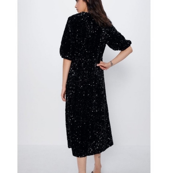 Zara Midi Sequin Dress With Puff Sleeves Black Size S NWT - Picture 8 of 11